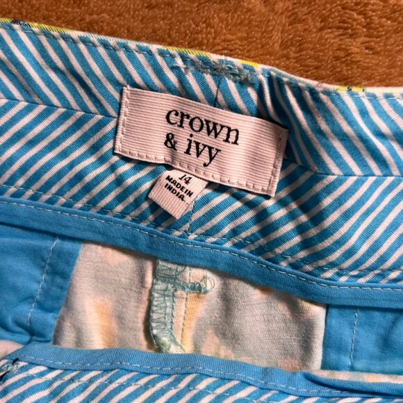 NWT Crown & Ivy Women 14 Aqua Green Palms High Raise Flat Front Chino Shorts (V) - Picture 7 of 9